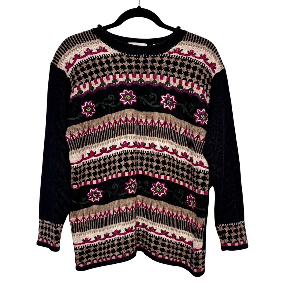 Vintage Paul Harris Y2K Fair‎ Isle Floral Sweater Womens Size M Boho Cottagecore
